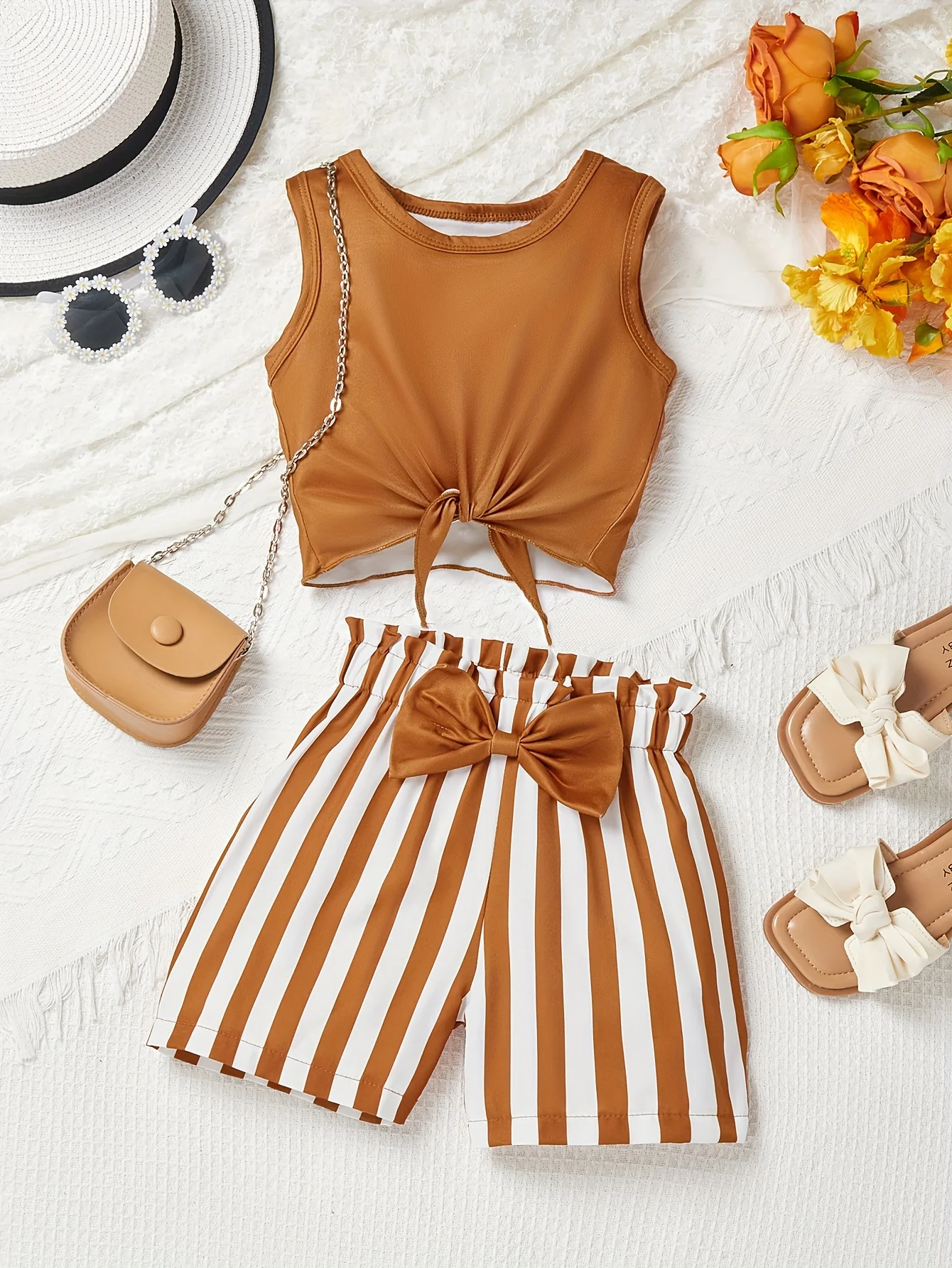 Girls' Summer Casual Outfit: Striped Shorts + Solid Color Round-Neck Tank Top Two-Piece Set, Versatile Summer Clothing for Children, with Bow Decoration, Suitable for Kids over 2 Years Old, for Home and Outdoor Wear