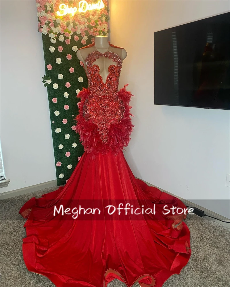 

Red O N Long Prom Dresses For Black Girls Bead Crystal Rhinestone 2025 Birthday Luxury Dress Feather Graduation Gown Customized