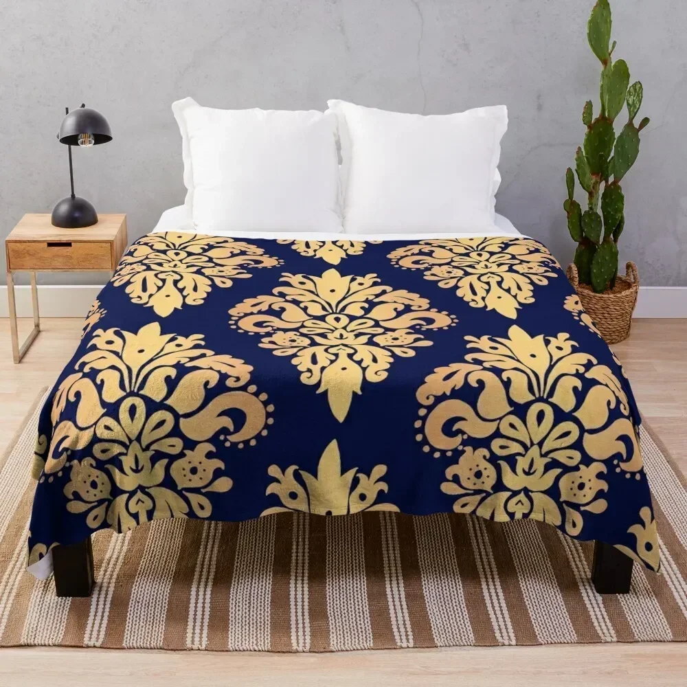 

Blue and Gold Classic Damask Pattern Throw Blanket Easy Care Comfortable Blanket for Couch