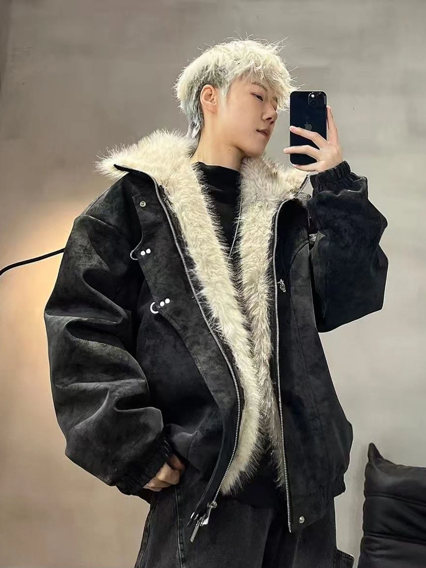 

New Chinese Sle Thiened Winter Flight Jaet Men's Bla PU Leather Seagull Cotton Coat Youth Casual Long Sve Zipper