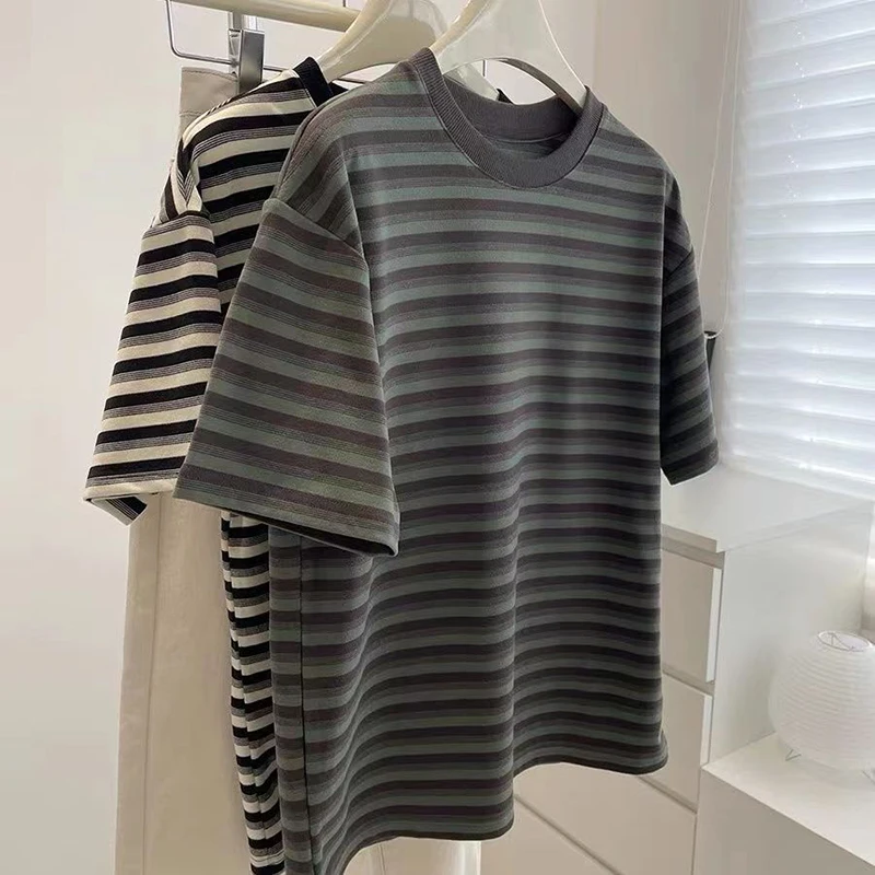 150kg Wear 2xl Summer Loose Green Black Striped Short Sleeve Men Fashion Casual Oversized Tshirt Vintage Clothes Trend Euro Size
