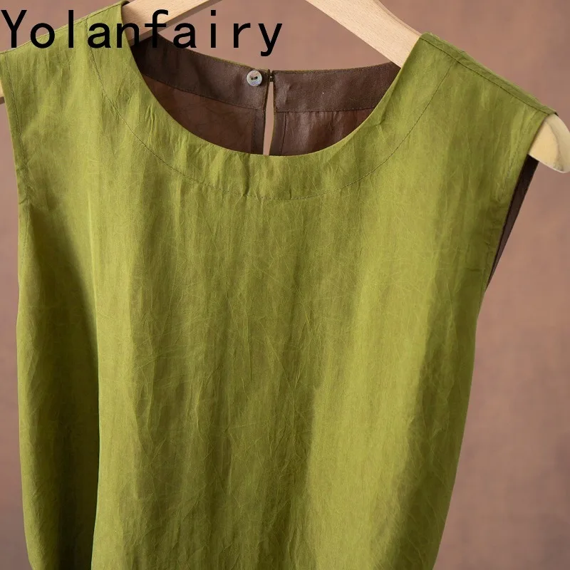 YOLANFAIRY 100% Real Mulberry Silk Dresses for Women Elegant Green Gambiered Silk Dress Luxury Sleeveless Slip Max Dress Lace-up