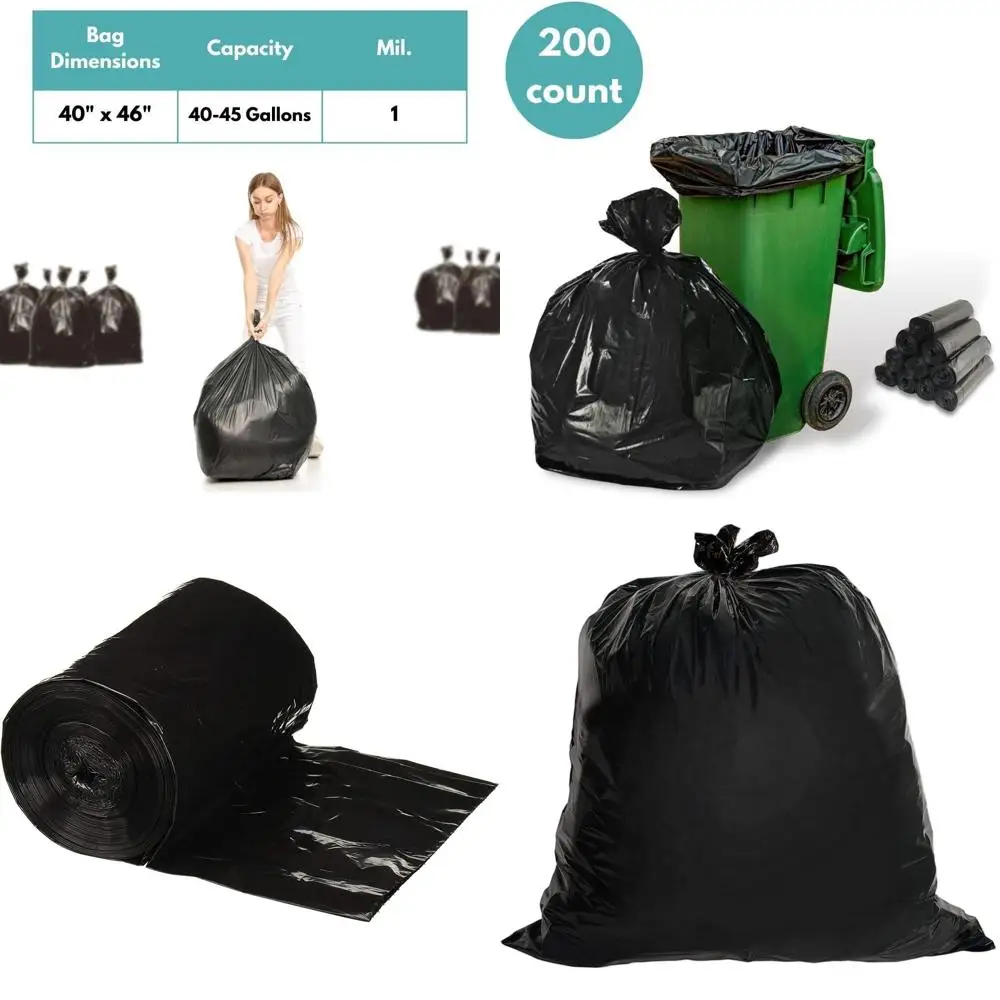 

Прочные черные мешки для мусора объемом 40-45 галлонов, упаковка 200 штук, толщина 1 мил - идеально подходят для коммерческих кухонь, складов, офисов и