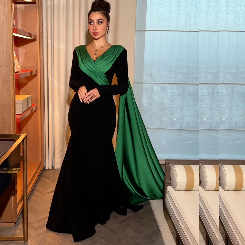 Contrast Color Mermaid Evening Dresses V Neck Long Sleeve Formal Gown Green Collar Train Arabic Dubai Celebrity Dress