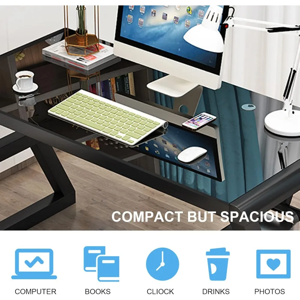 Mesa de computador de vidro, mesa de computador moderna com estrutura de aço carbono e tampo de vidro, mesas de escritório em casa, mesa de computador, estudo