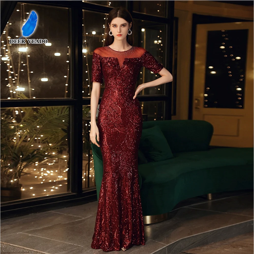 

DEERVEADO Mermaid O-Neck Sequins Evening Dresses Woman Elegant Short Sleeves Formal Occasion Dress Prom Party Maxi Dresses