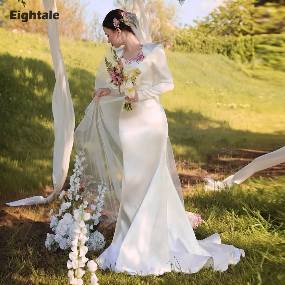 

Eightale Arabic Wedding Dress Customized Ivory Satin Appliques Flowers Muslim Long Sleeves Mermaid Bridal Gown Bride Party Dress