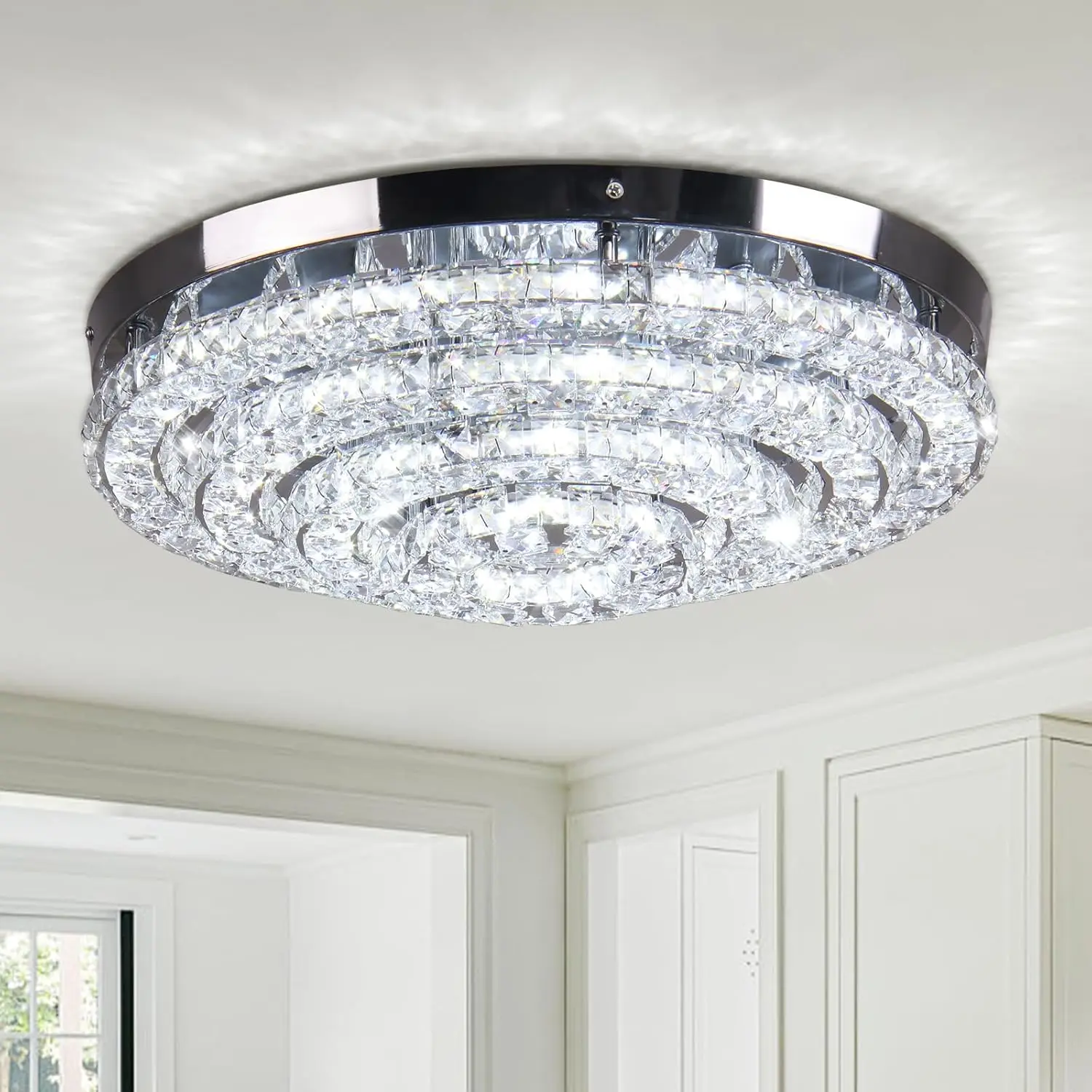 Crystal Chandelier,Semi Flush Mount Ceiling Light,Modern LED Lighting Fixture for Bedroom,Living Room,Hallway,Bathroom,Dining Room,4000K Cool White,17.7-inch Diameter