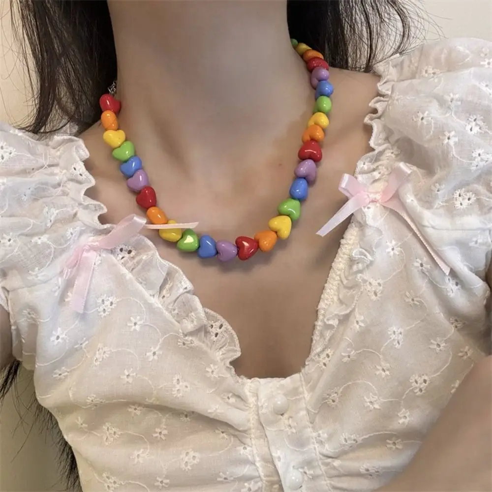 Acrylic Love Rainbow Necklace Colorful Charm Collarbone Chain Adjustable Neck Jewelry Heart Beaded Necklace Party Supplies