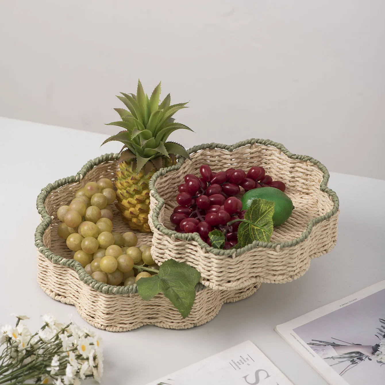 

1/2pcs Organizer Basket Hand Woven Imitation Rattan Paper Rope Storage Basket Living Room Kitchen Bedroom Organizer Tray
