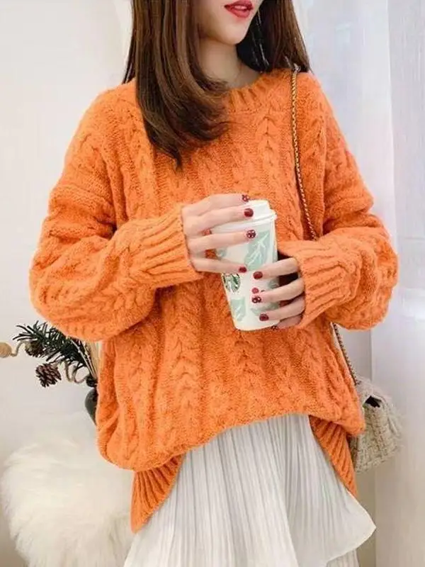 Retro Pumpkin Orange Twist Knitted Sweater Women's Casual Soft Cozy Autumn Outerwear Winter Lazy Knit Top Cleanfit Loose Fit