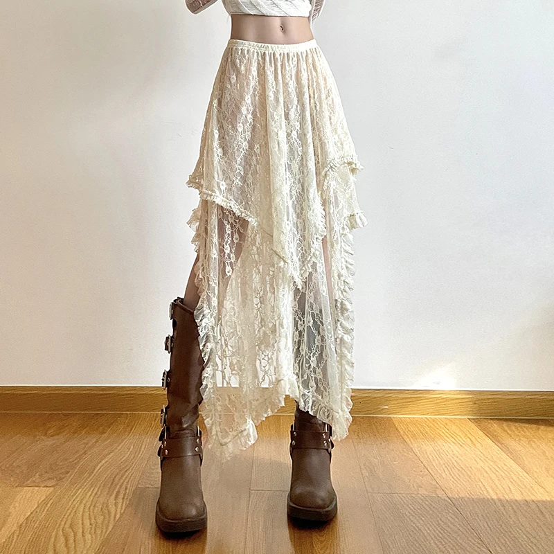 SUCHCUTE Boho Lace Asymmetrical Skirt Vintage Y2K Aesthetic 2000s High Waist Skirts Summer Ladies Holiday Concert Women Outfits