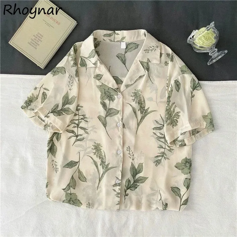 

Retro Shirts Women Summer Korean Fashion Stylish Turn-down Collar Thin Floral Soft Loose Ulzzang High Street Holiday College