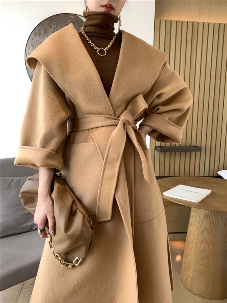 Vintage Elegant Double-Sided Cashmere Coat Women Autumn Winter 2023 New High Quality Hooded Thickened Large Size Loose Wool Coat