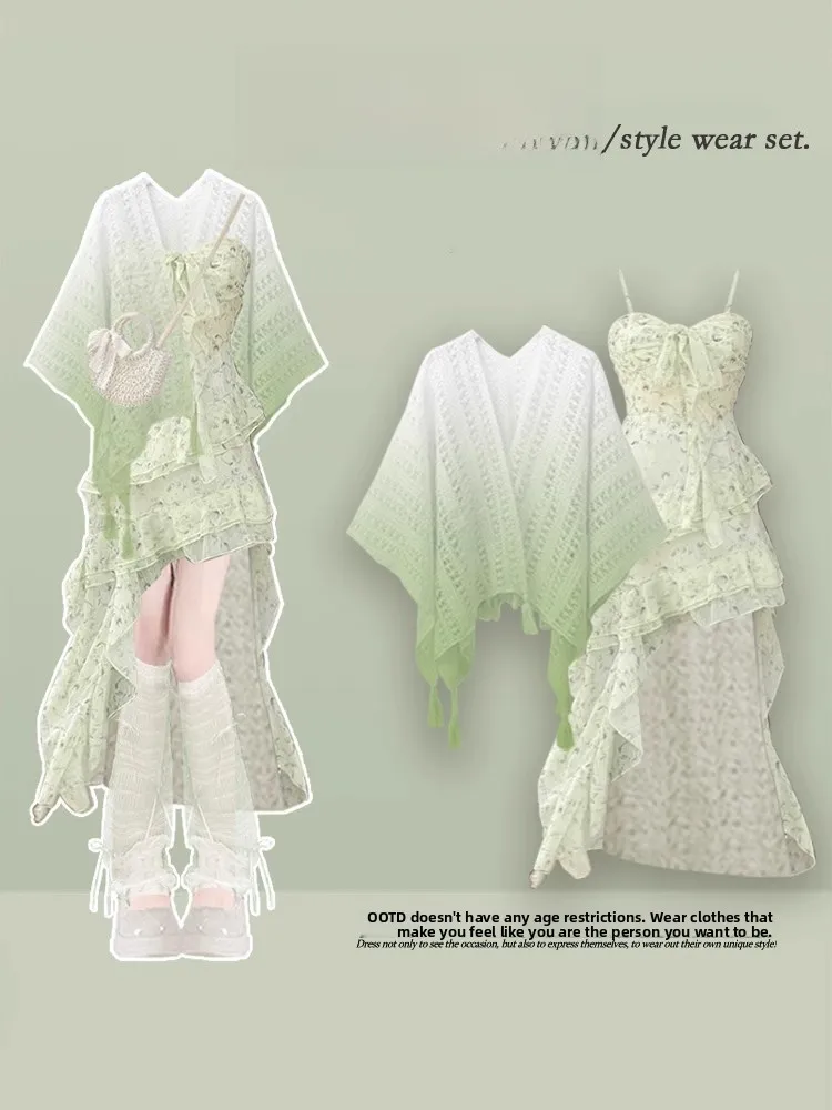 Ensemble deux pièces imprimé Floral pour femmes, doux, bretelles amincissantes, jupe Dr, Robe trapèze légère, été