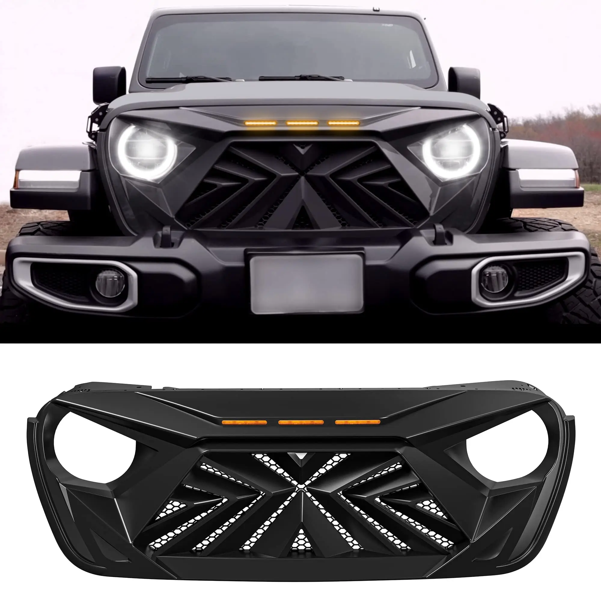 

Передняя решетка с 3-й янтарной светодиодной подсветкой, совместимая с Jeep Wrangler JL JLU Gladiator JT 2018-2023, сетчатая решетка из АБС-пластика, матовая черная