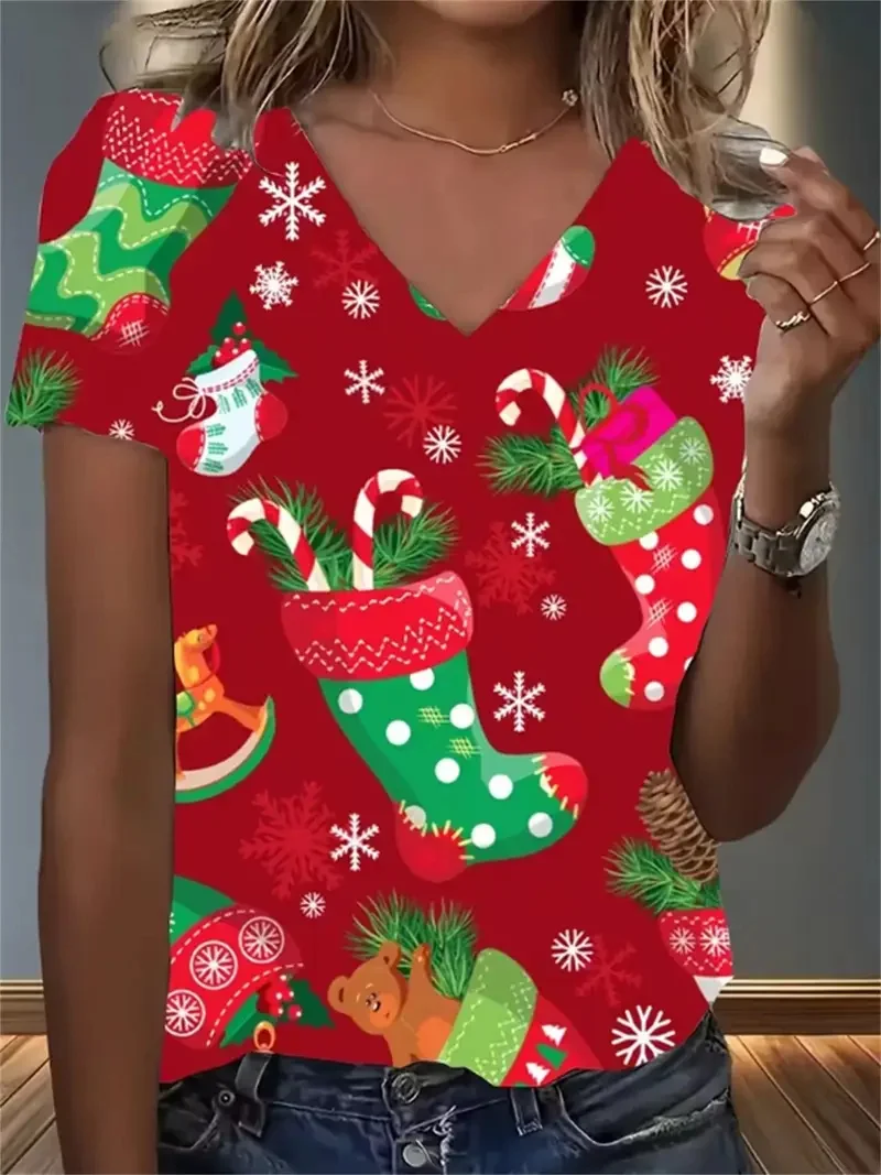 Fashion Santa Clause Graphic T-Shirts For Women Christmas Theme V-Neck Short Sleeve Tees Creative Personality Design Casual Tops