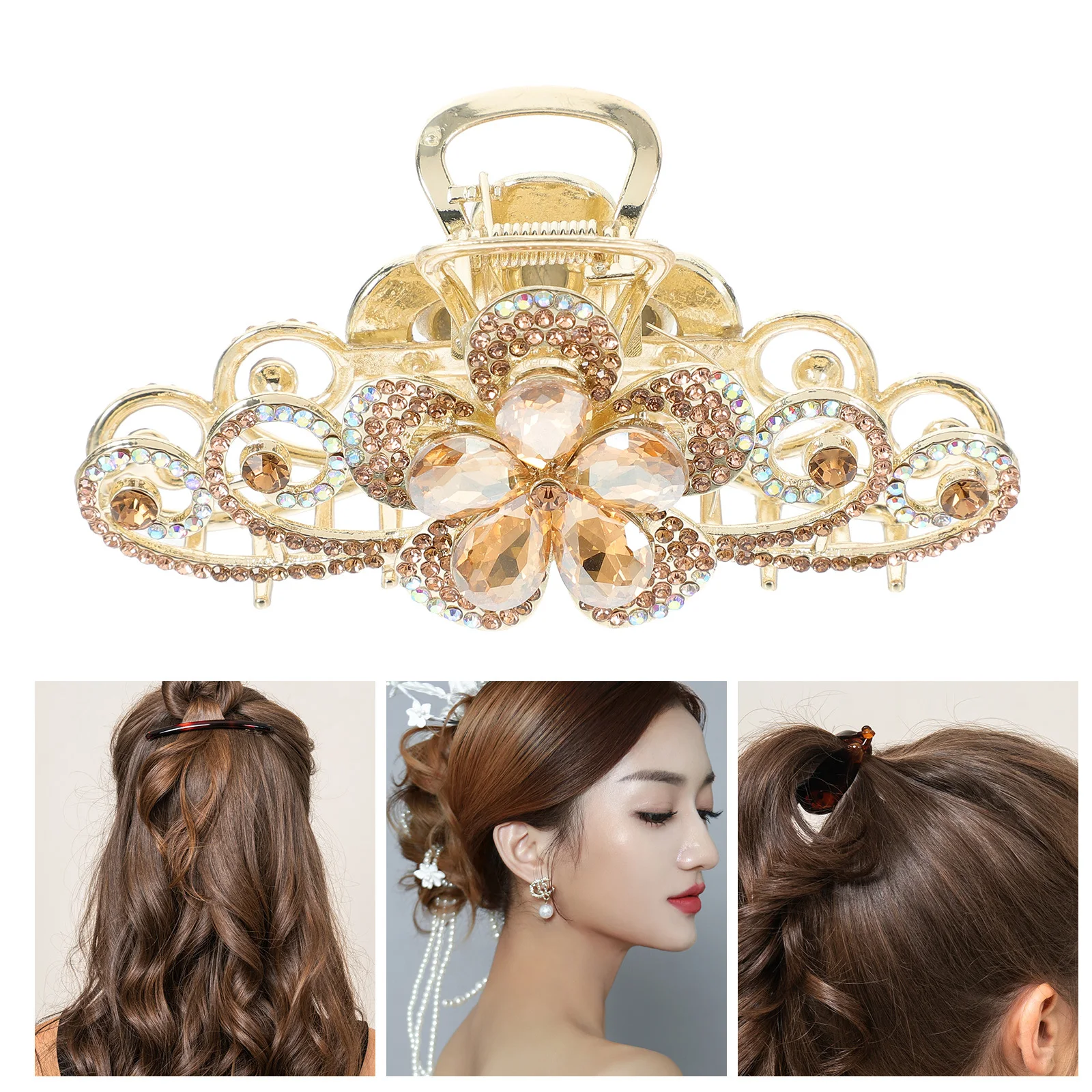 

Large Hair Claw Clip Rhinestone Decorative Sturdy Alloy Floral Secure Grip Braid Ponytail Braiding Tool Updos Party Daily Use