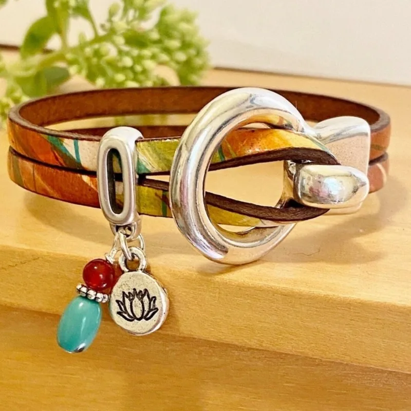 Handmade Bohemian Ring Buckle Bracelet Vintage Leather Rope 