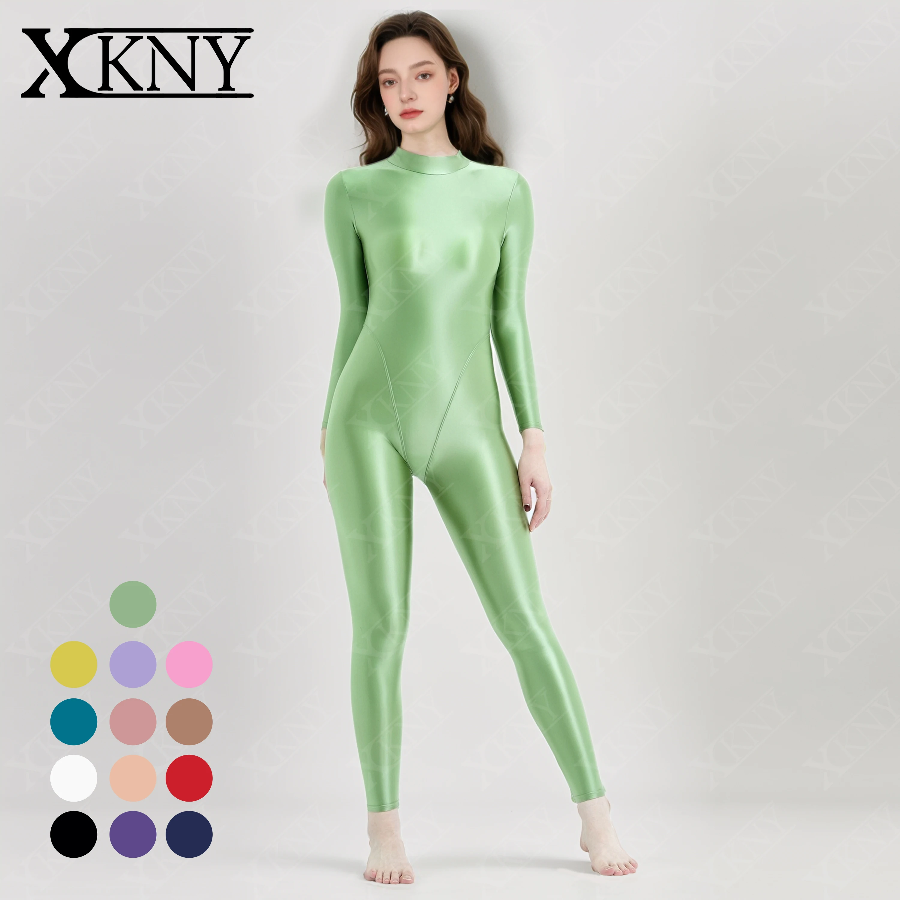 XCKNY glossiness series bodysuit Satin Glossy Oil High Neck zipper Long sleeved pants Full body V-crotch jumpsuit Silk leotard