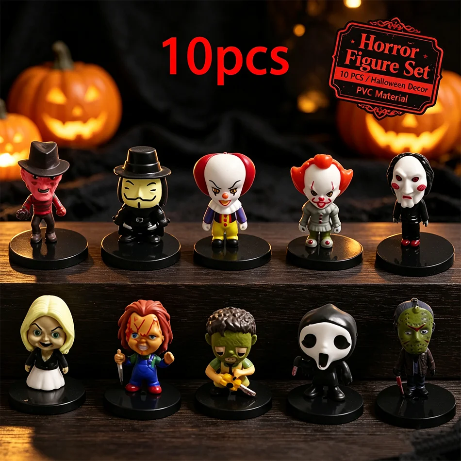 10PCS/set Horror Film Series Jason Freddy Clown Action Figure Toys PVC Model Halloween Gift Vinyl Figurine Doll Gift