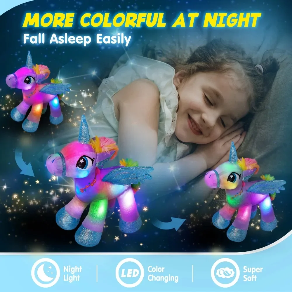 Unicornio de Ángel púrpura con alas, juguetes de peluche suaves, decoración de sofá para el hogar, luz LED, animales de peluche para niñas, juguete