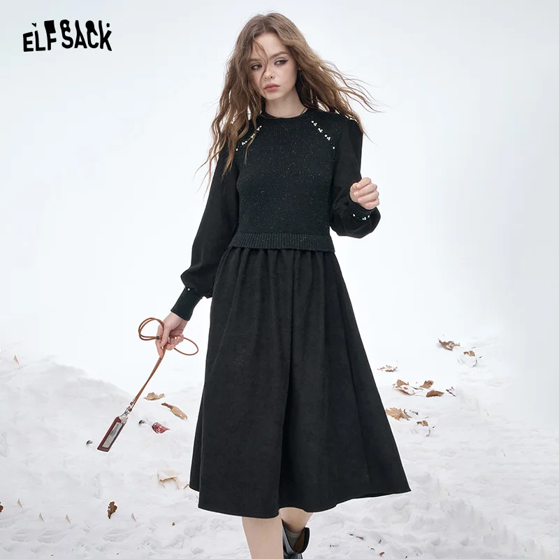 

ELFSACK 2025 Winter New Arrivals Elegant Minimalist Classic Crystal Accent Solid Round Neck Midi Dress For Women
