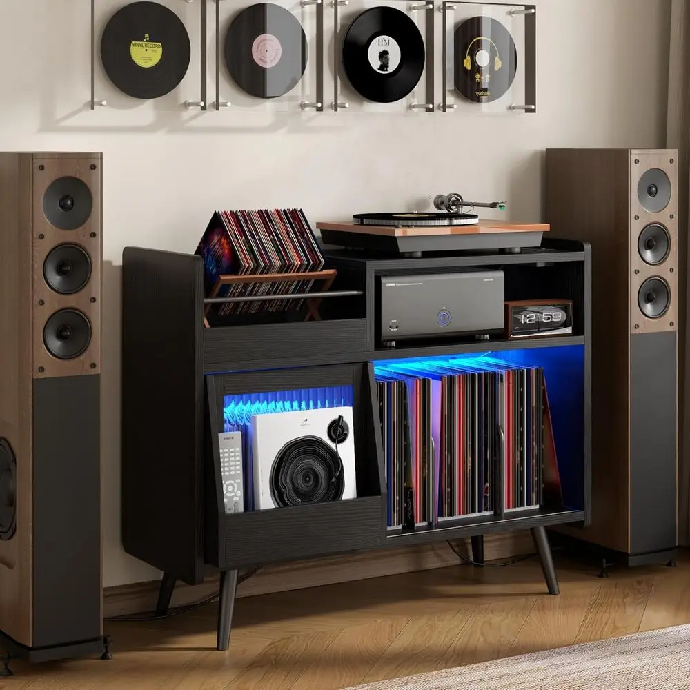 Upgraded Large Black Record Player Stand -Turntable Stand Shel with with Power Outlet and LED Light,Vinyl Record Storage Cabinet
