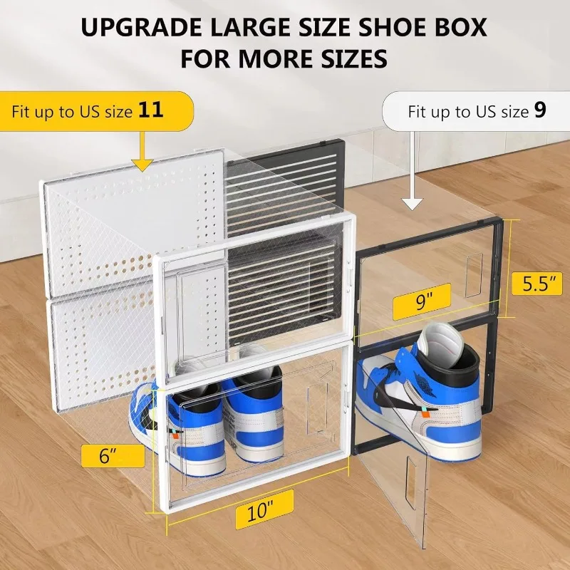 Organizador de sapatos empilháveis de plástico transparente Grandes caixas de armazenamento para armário Economia de espaço modular Caixas de tênis Pacote de 12