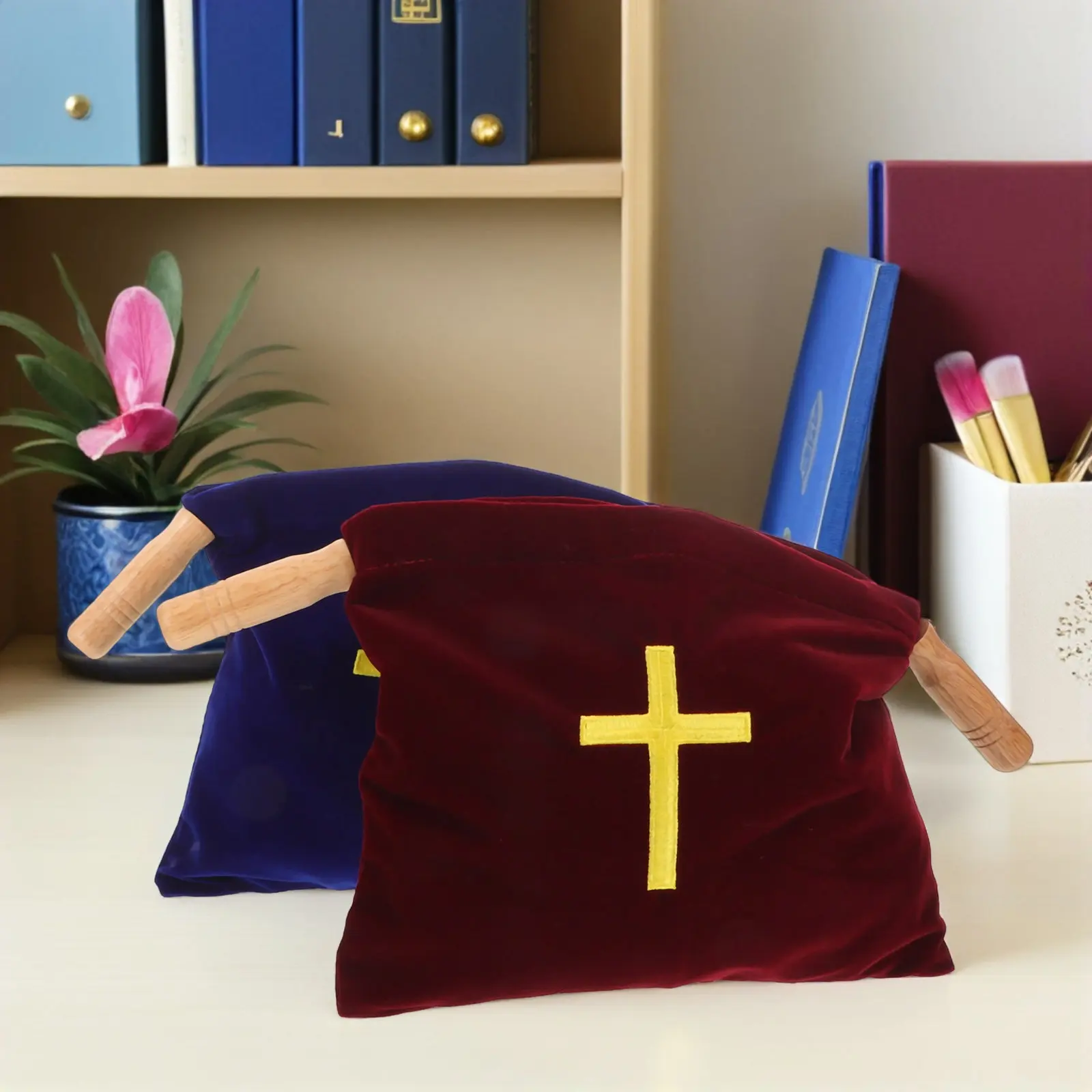2Pcs Worship Service Offering Bag - Beautifully Crafted Cross Embroidery with Wooden Handles - for Church Donations