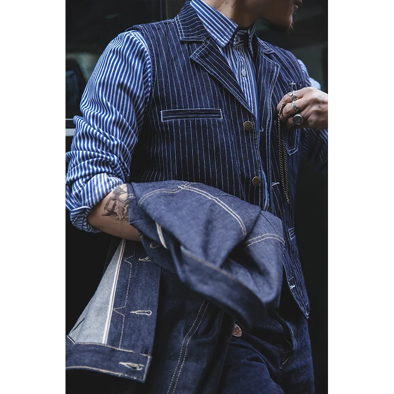 Firmranch Men Fall Spring NEW Stripe Denim Lapel Motorcycle Hunting Vest Suit American Vintage Amekaji Cargo Sleeveless Jackets