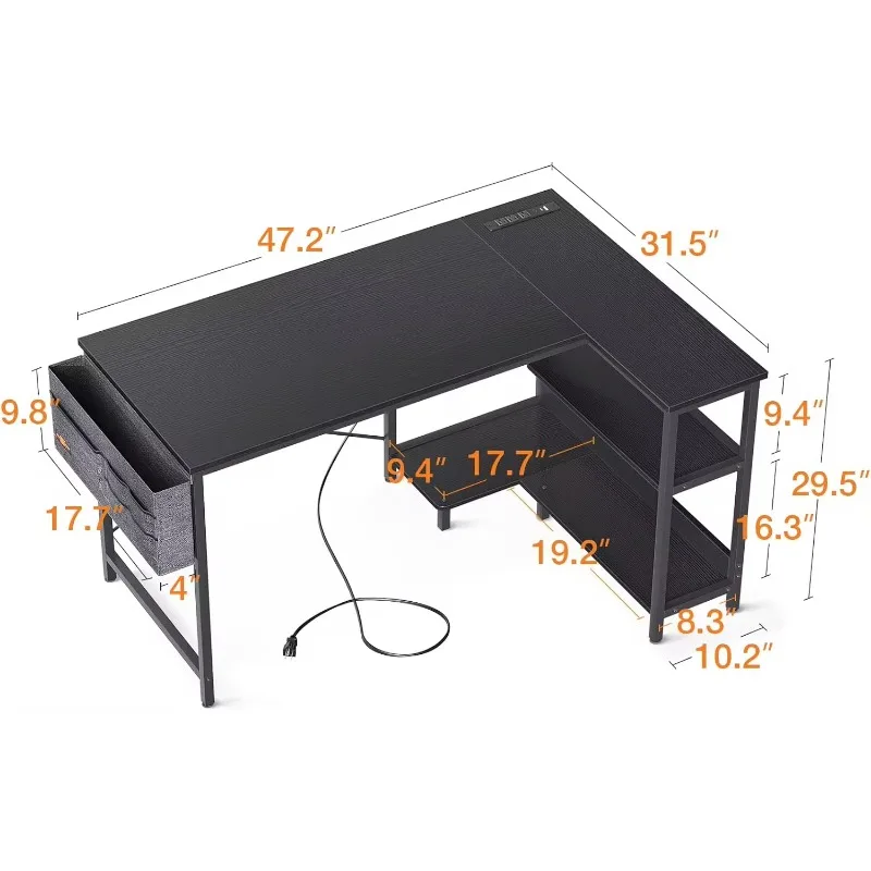 48 Inch Small L Shaped Gaming Computer Desk with Power Outlets, Reversible Storage Shelves & PC Stand for Home Office