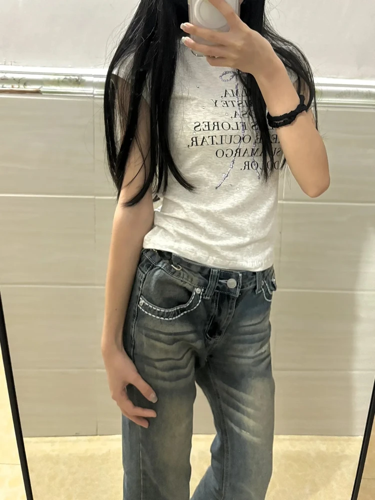 QWEEK Y2k Coquette Sexy Crop T-shirt Women 2024 Spring Summer Fashion Sexy Streetwear Slim Cropped Tops Letter Print Tees