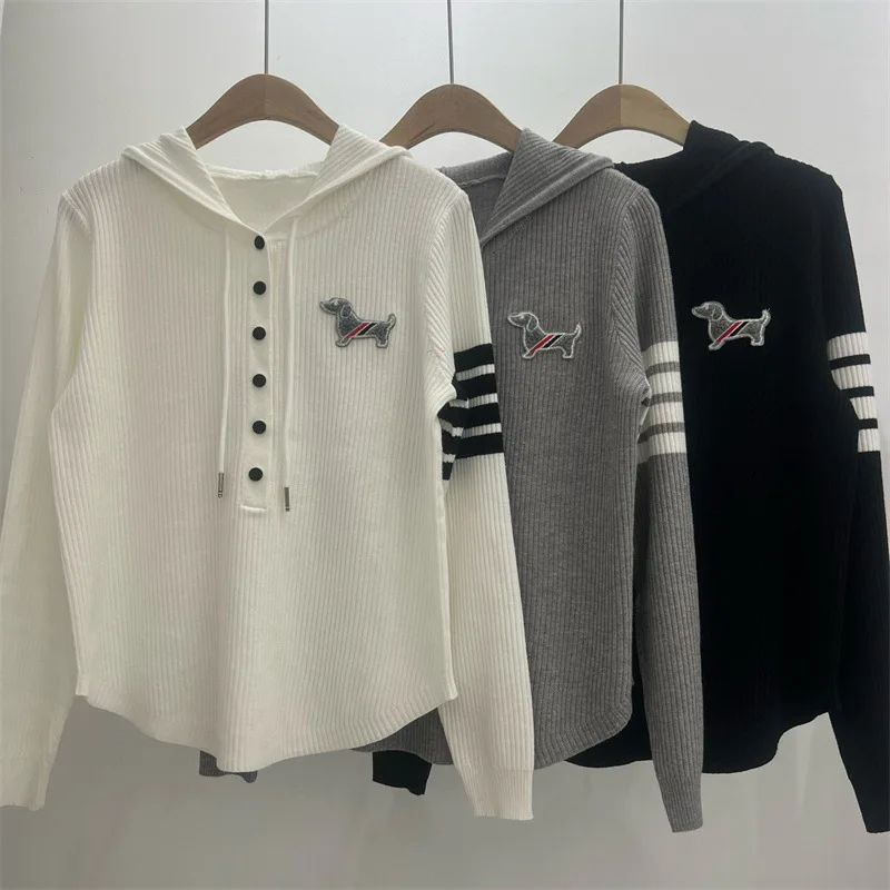 

Hooded drawstring knit sweater for women's autumn and winter collection, embroidered top, striped long sleeved knit sweater