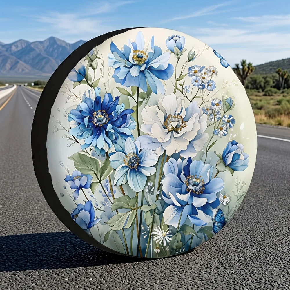 Blue Watercolor Floral Spare Tire Cover Waterproof Sun Protection SUV  Accessory