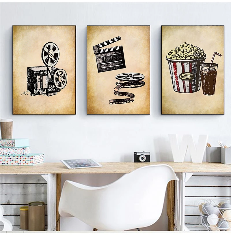 1pc frameless Movie Theater Vintage Art Canvas Painting Wall Picture Popcorn Film Clapper Poster Retro Home Decoration For Cinem