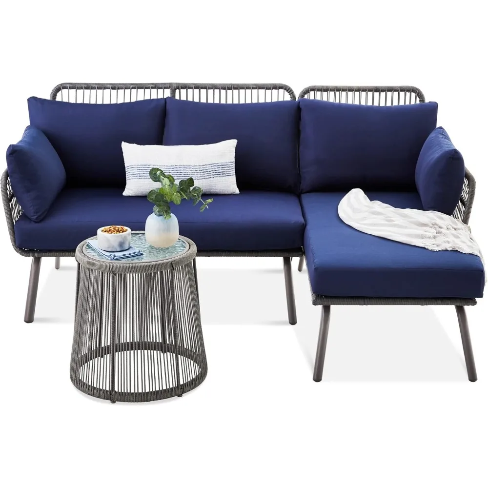 

Outdoor rope woven segmented terrace furniture L-shaped conversation sofa set with thick cushion