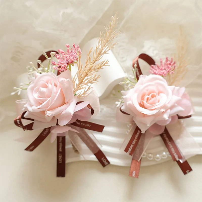 2Pcs Set Elegant Rose Wrist Corsages with Faux Roses & Green Leaves, Perfect for Brides, Bridesmaids, Groom/Bride Mothers 2606