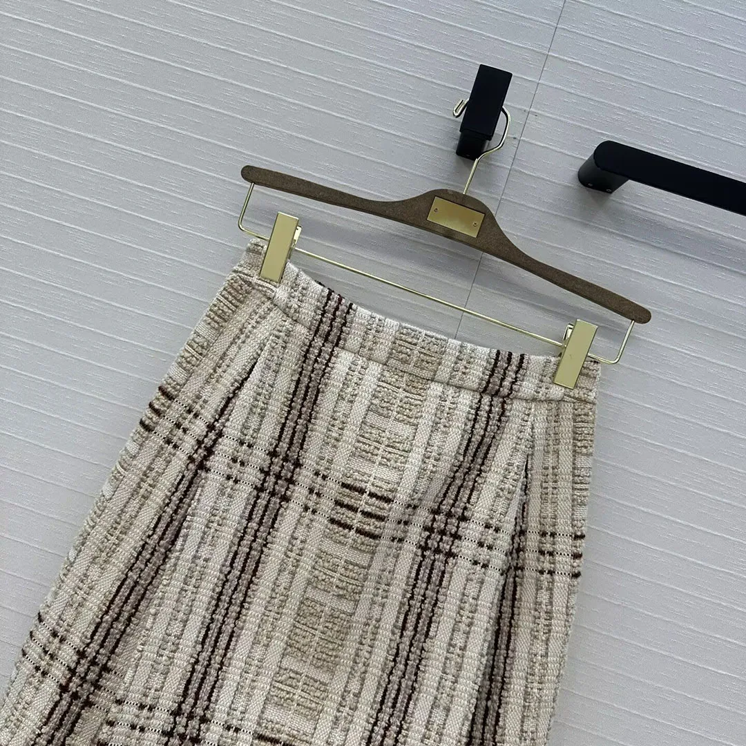 Nuovo autunno inverno vintage plaid lana tessuto di seta tweed gonne longuette donna a vita alta a pieghe moda chic gonna