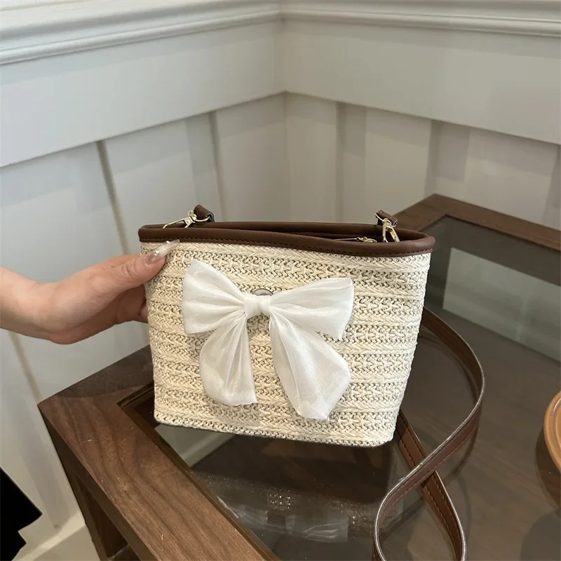 

Bow Fashion Splicing Gentle Shoulder Bag Versatile ins Crossbody Bag Bucket Bag