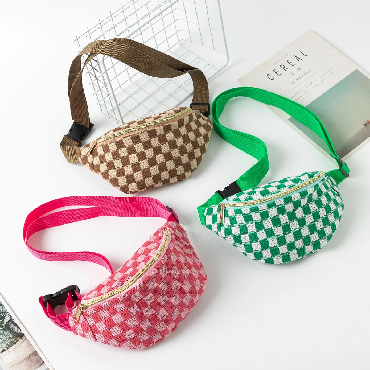 

Клетчатая поясная сумка, регулируемая сумка для хранения на ремне, маленькая сумка через плечо, портативная дорожная косметичка, милая косметичка в клетку
