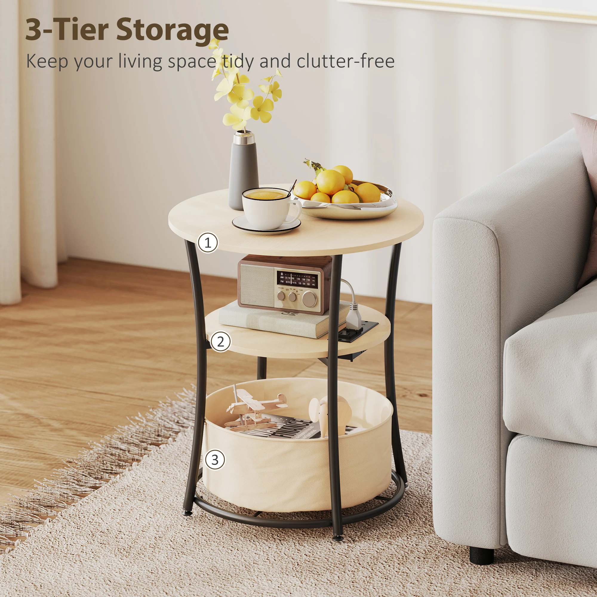 HOMCOM Round Side Table with Charging Station, 3-Tier End Table with Fabric Storage Bag, Shelf and Steel Frame for Living Room, Natural Wood image 5