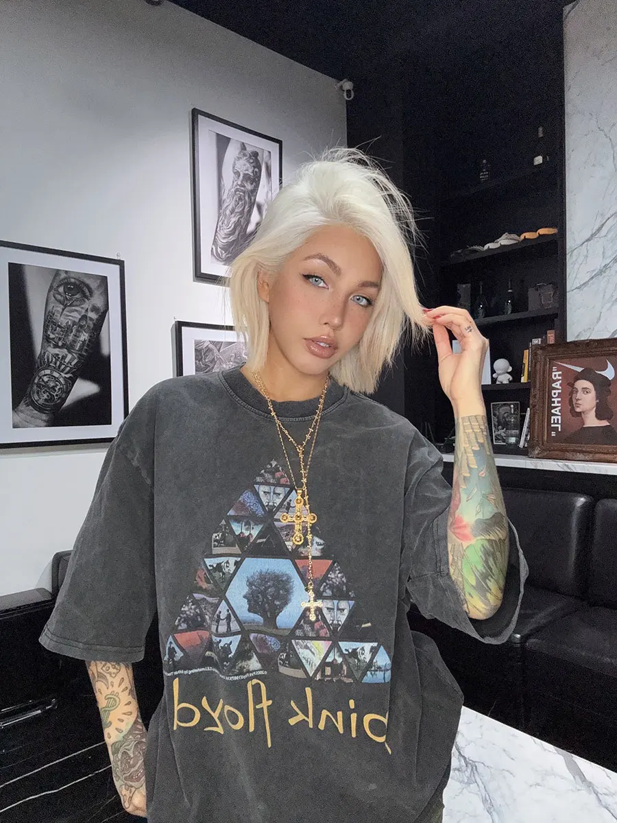 

Summer Trendy American Sle Vintage Worn ort Sve Loose Fitn Men's T-irt Women's Streetwear round Ne Print Top