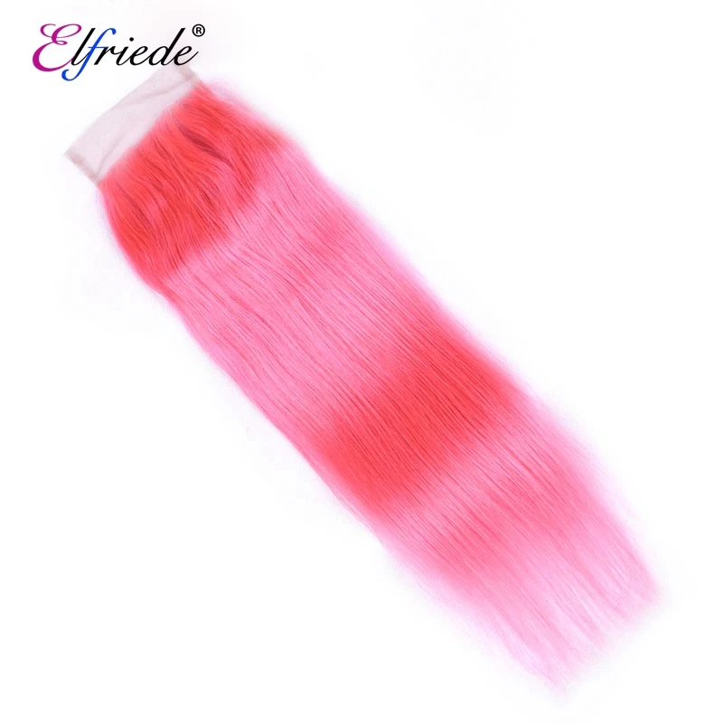 Elfriade-mechones de pelo liso Rosa 100% Remy, cabello humano cosido en tramas, 3 mechones con cierre de encaje transparente 4x4