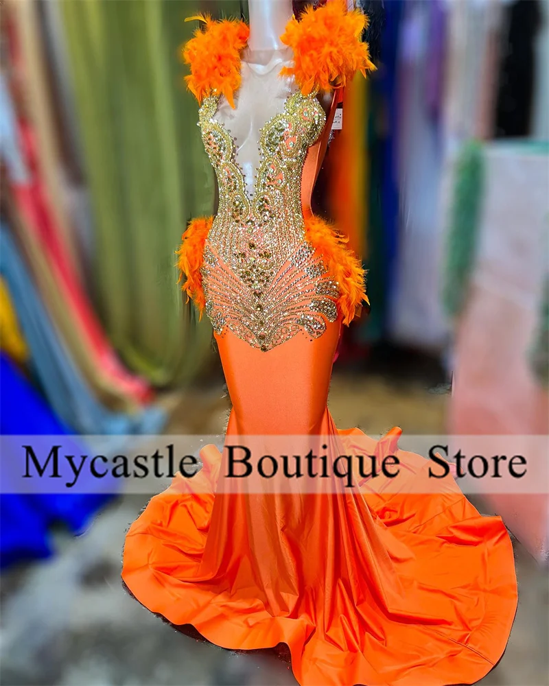 Orange Feathers Beaded Prom Dress For Black Girls 2024 With Gold Crystals Rhinestones Mermaid Birthday Party Gown Robe De Soirée