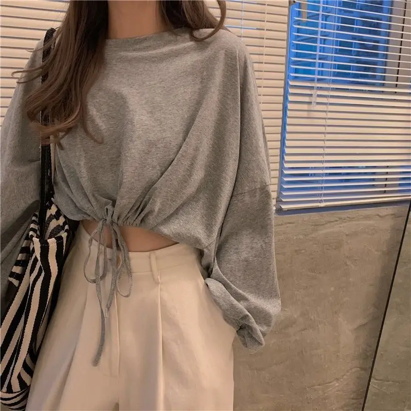 Jersey holgado de cintura alta para mujer, Jersey corto blanco de manga larga, Top corto de estilo coreano para otoño