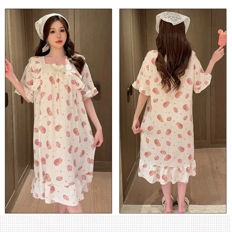 5XL Plus Size Women Loungewear 110kg Short Sleeved Cartoon Print Nightdress Summer Sweet Pajamas Large Size Loose Homewear