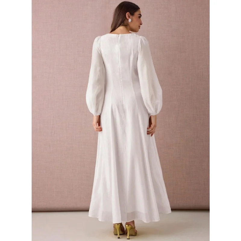 Damenkleid, plissiertes Maxikleid, O-Ausschnitt, Laternenärmel, fließendes A-Linien-Kleid, elegantes Party- und Urlaubskleid, bodenlang. – Detail 6
