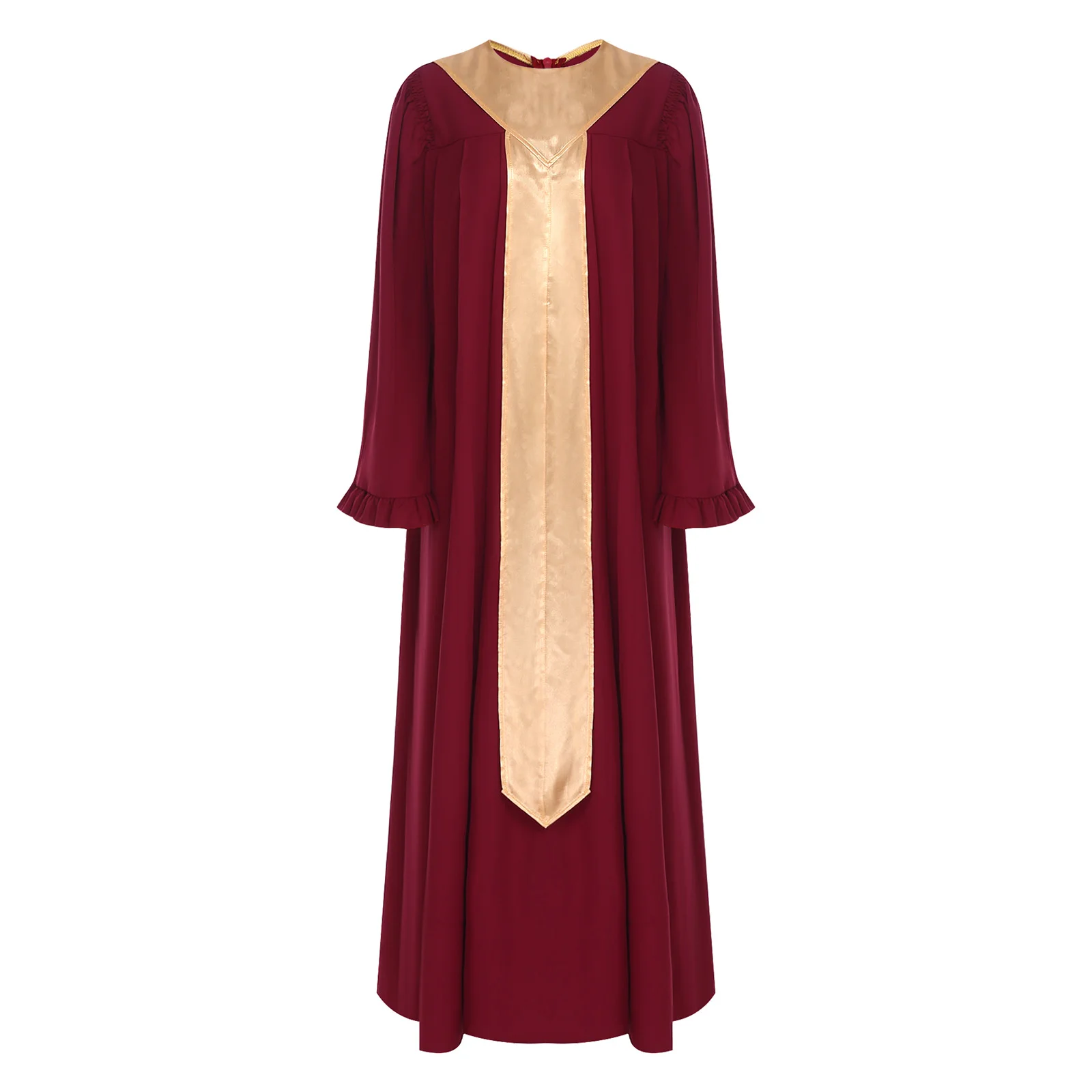 

Женское церковное облачение для хора: расклешенное платье с длинными рукавами, оборками, цветовыми блоками и поясом, длинное платье-кимоно для хоровых выступлений и танцев