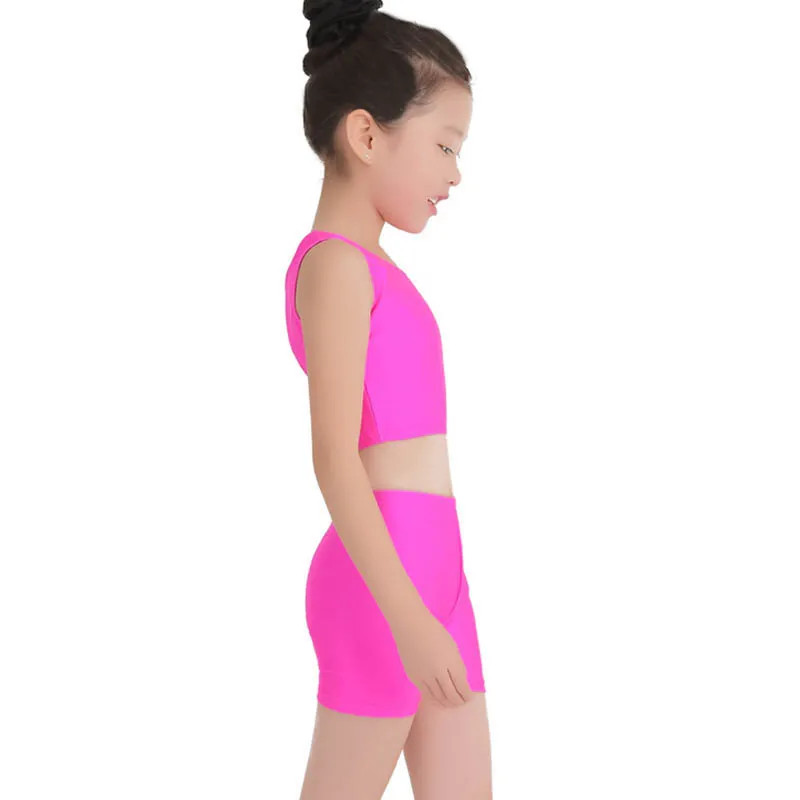 Body da balletto per bambini Abbigliamento da palestra Body da ballo in due pezzi per ragazza Gilet da ginnastica in spandex con pantaloncini coordinati